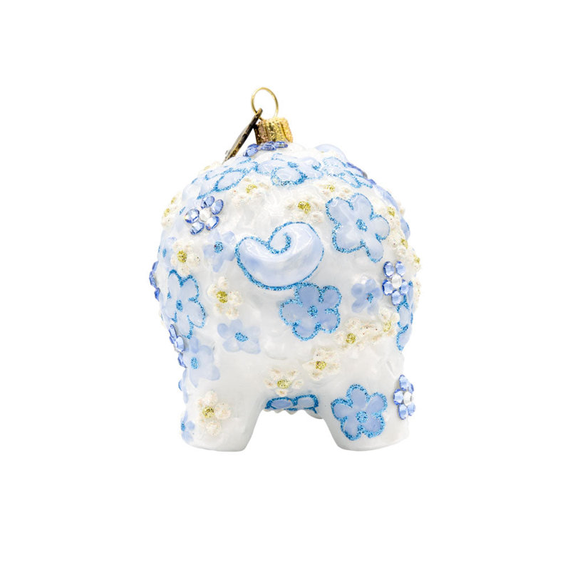 Ornement cochon bleu floral, Bleu / blanc / argent / or