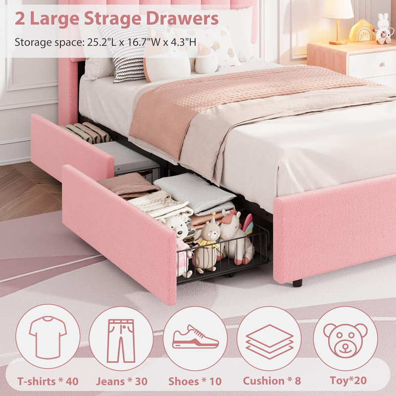 Lit plateforme tapissier à DEL avec tiroirs de rangement et tête de lit ondulée, aucun sommier requis, Lit simple, Rose