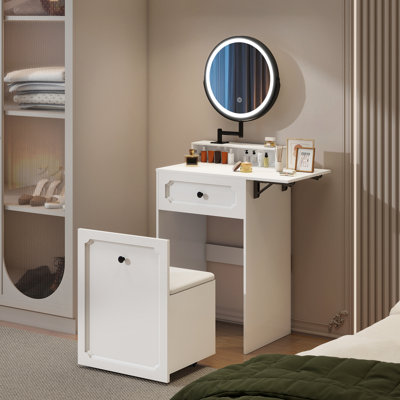 Dressing Table with Movable LED Lighted Mirror, Makeup Vanity with Storage Stool, 50CM Desktop