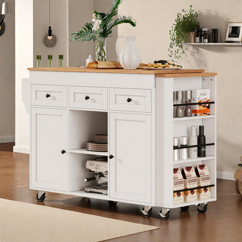 85.5" Kitchen Island with Expandable Dining Table and Storage Features, White
