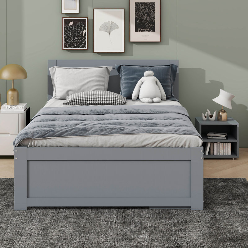 Lit plateforme chic avec tiroir intégré et deux tablettes, Gris, Lit double