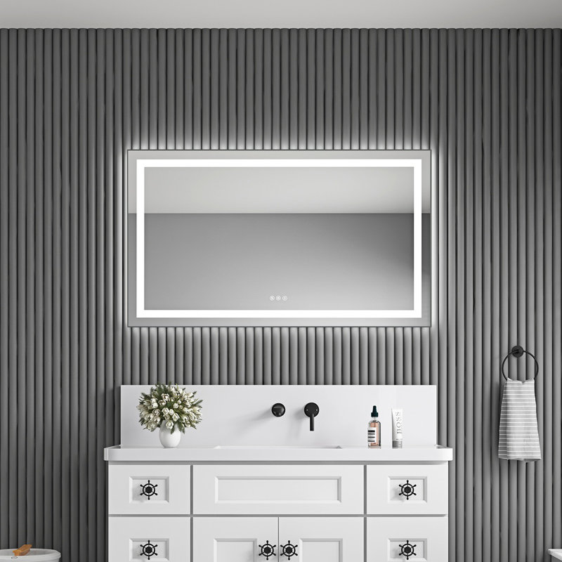 Miroir de salle de bain 48 "x 28" à DEL avec façade et rétroéclairage, miroir de meuble-lavabo mural avec cadre en aluminium, anti-buée, mémoire, 3 couleurs, réglable en continu