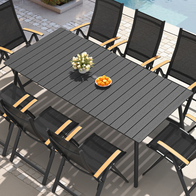 Table de salle à manger de patio avec trou pour parasol et structure en aluminium, H 29,13 po x L 82,48 po x l 40,55 po, Noir
