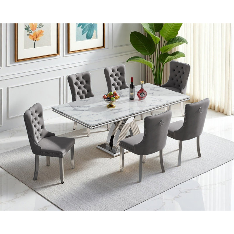 Modern 68.11" Faux Marble Dining Table Set , White Marble Dining Table with Velvet Dining Chairs, Dining Room Table and Chairs Set, Luxury Dining Table Set for Kitchen Dining