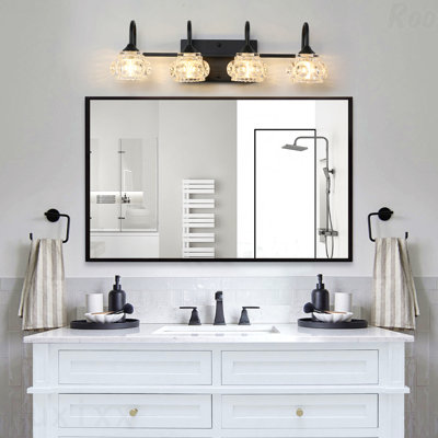 23" Bathroom Vanity Light - 4-Light Black Metal, Crystal Glass Shades, Retro Wall Mounted Design