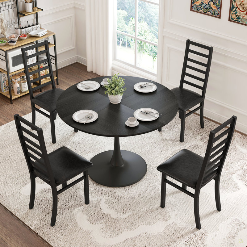 Dining Table Set, Black, 5 Pieces: Table, 4 Chairs