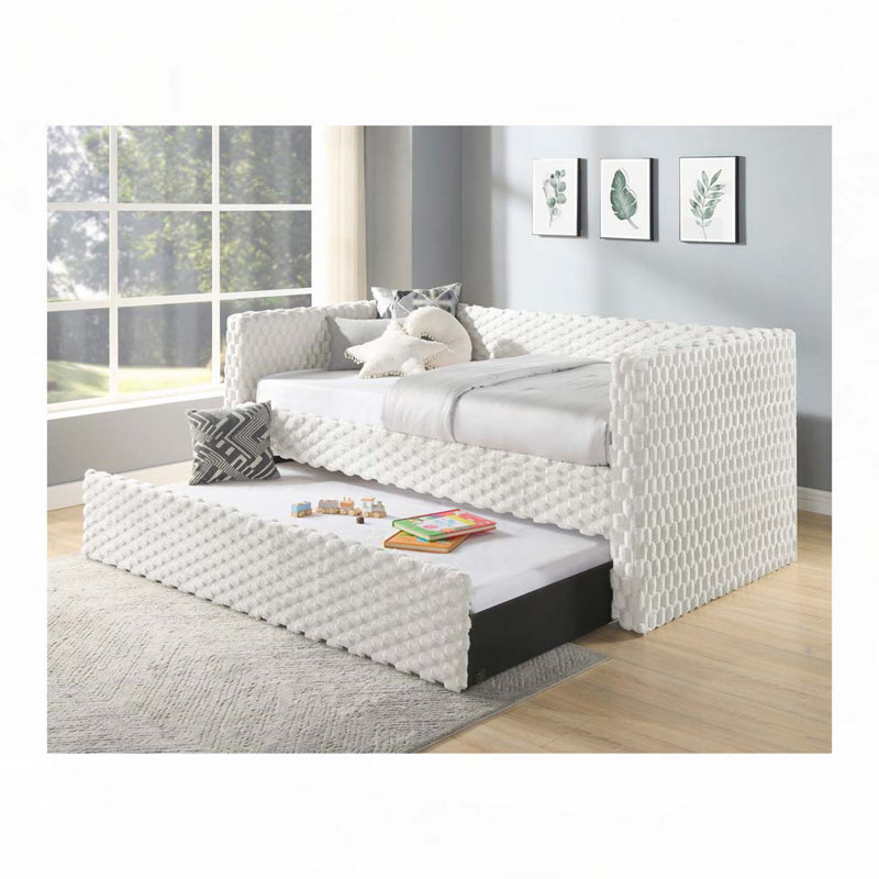 Daybed Armrest Pull Out Trundle ,Textured Fabric, White