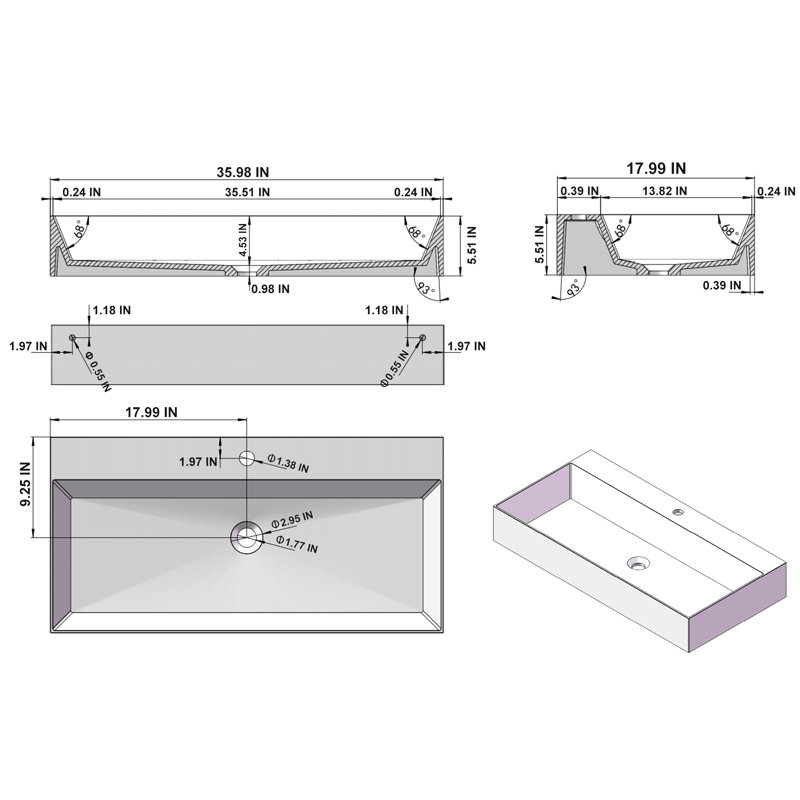 Évier vasque rectangulaire à fixation murale 36 po x 18 po avec trou pour robinet