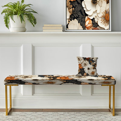 Vivid Poppy Dreams - Floral Upholstered Gold Bench