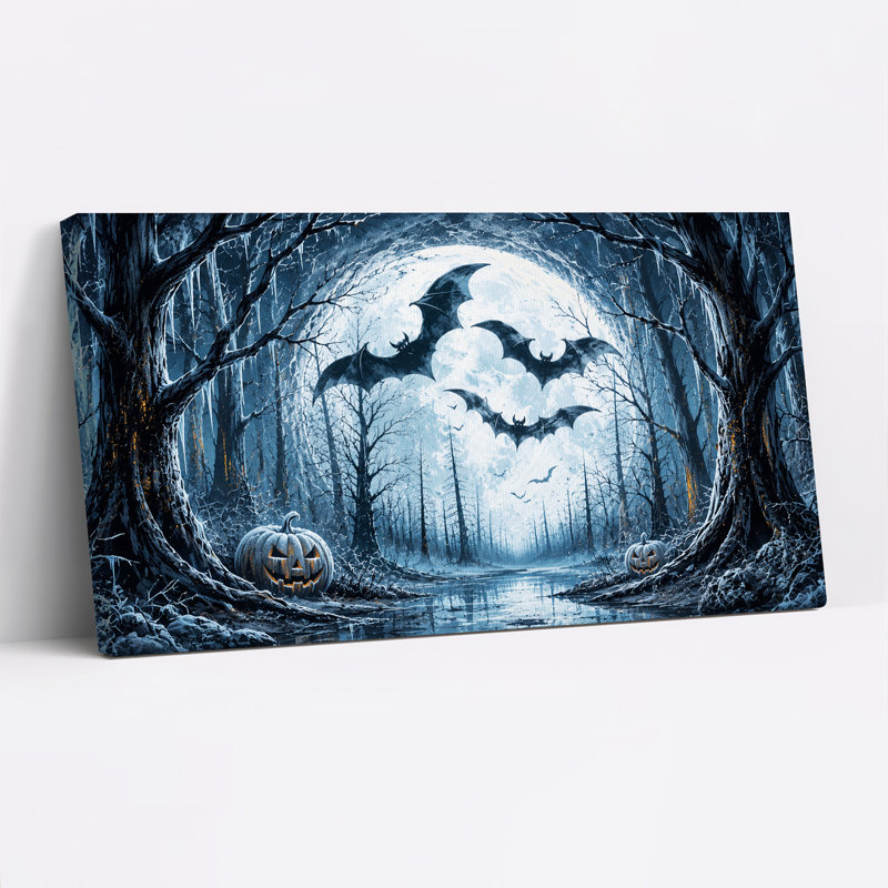 Forêt au clair de lune bleue avec chauves-souris et citrouilles - Tableau sur toile pour l'Halloween, L 32 po x H 16 po