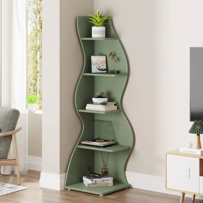 TribeSigns 5-Tier Corner Shelf, Modern Wall Corner Bookshelf Bookcase, Green