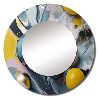 Radimir Yellow And Blue Fluid Stone I - Marble Unique Mirror, Modern Large Round Wall Mirror, Printed Metal Art