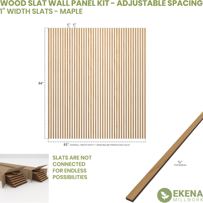Adjustable Wood Slat Wall Panel Kit, 1"W x 94"H x 0.375"T, Maple