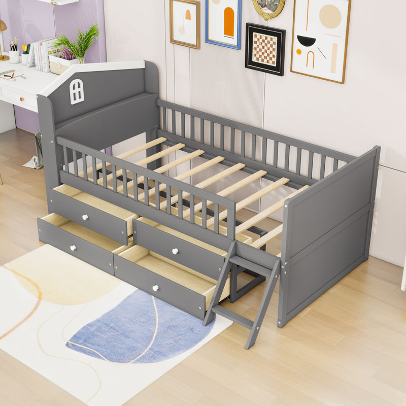 Structure de lit simple en bois avec rangement 4 tiroirs, gris