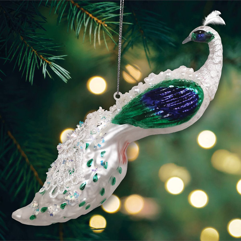 Ornement de Noël élégant en verre paon d'hiver