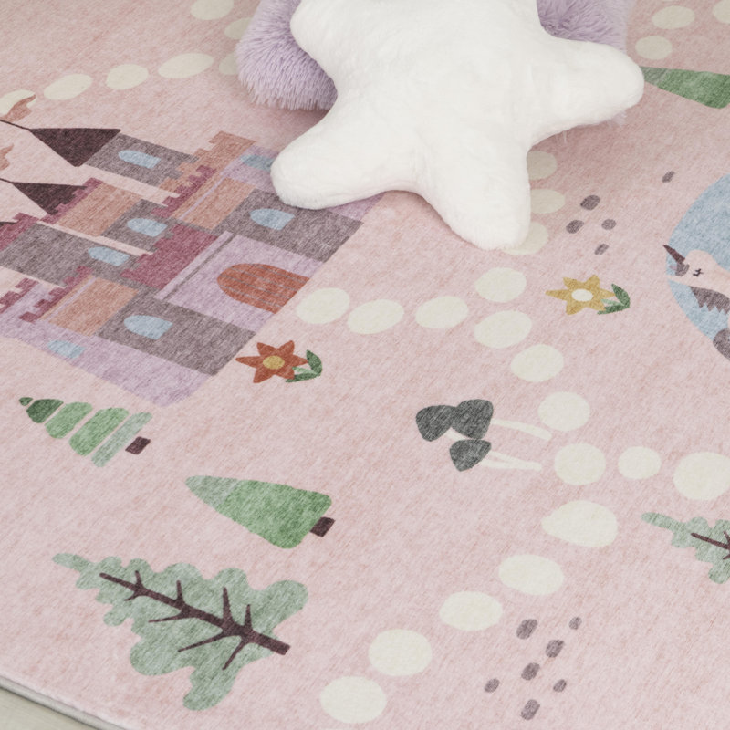 Tapis juvénile château et arc-en-ciel rose 7 pi x 10 pi
