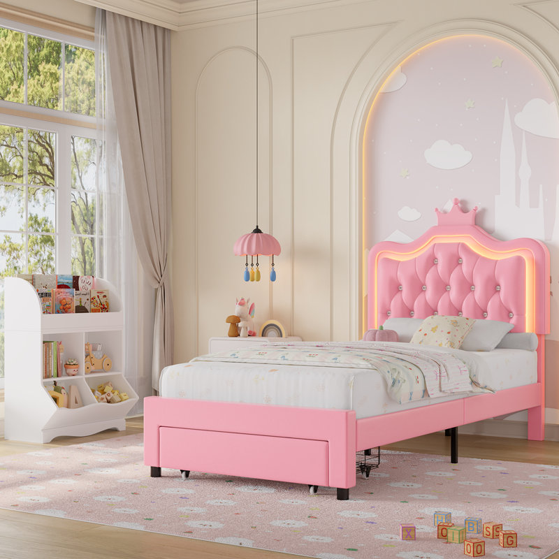 Ensemble de chambre d'enfant 2 pièces, lit rembourré en cuir avec tête de lit à DEL, lit avec bibliothèque, Lit simple