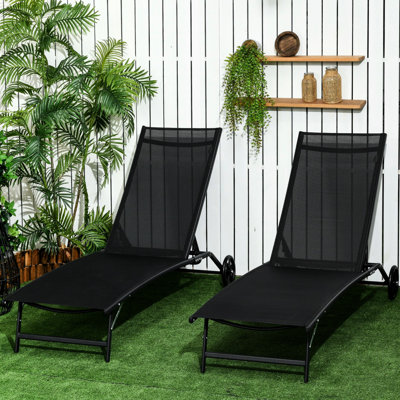 Chaises de patio à roulettes, 5 positions réglables, pour la plage, la piscine, la cour, les chaises pliantes extérieures noires pour adultes, confortables et pratiques