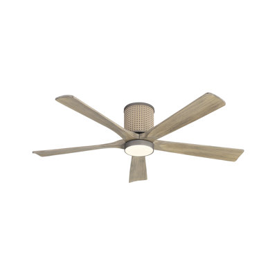 54 In. 5 Solid Blades Woven Rattan Cover Indoor Flush Mount Ceiling Fan With Integrated Led And Remote