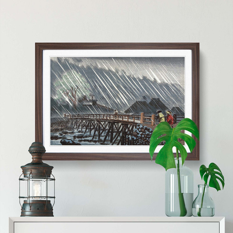 Bridge in the Rain by Kobayashi Kiyochika - Picture Frame Painting Print, 27cm H x 36cm W x 2cm D, Walnut Framed