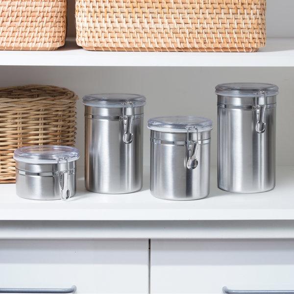 Set of 4 AIRTIGHT STAINLESS STEEL CANISTER SET for Kitchen Counter with  GLASS LIDS + MARKER, LABELS, & SCOOP, Kitchen Canisters Ideal for Coffee