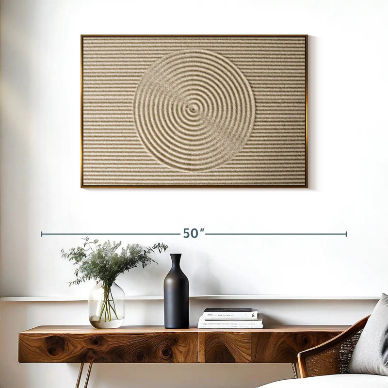 Cercles zen dans le sable, 37 po x 25 po, Cadre flottant doré