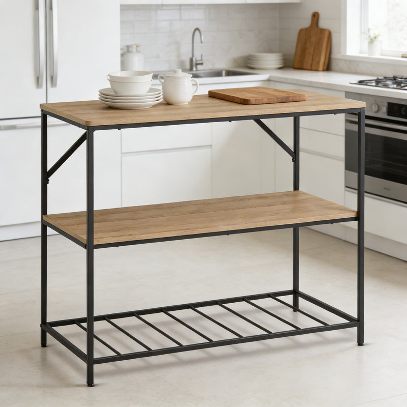 Chariot pour îlot de cuisine avec 3 tablettes de rangement, surface en mélamine durable et support renforcé pour la préparation et le service des aliments Basics