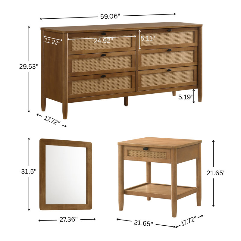 Ensemble de chambre à coucher en bois d'hévéa 6 pièces Comelia, Très grand, Six pièces : lit, commode, miroir, deux tables de