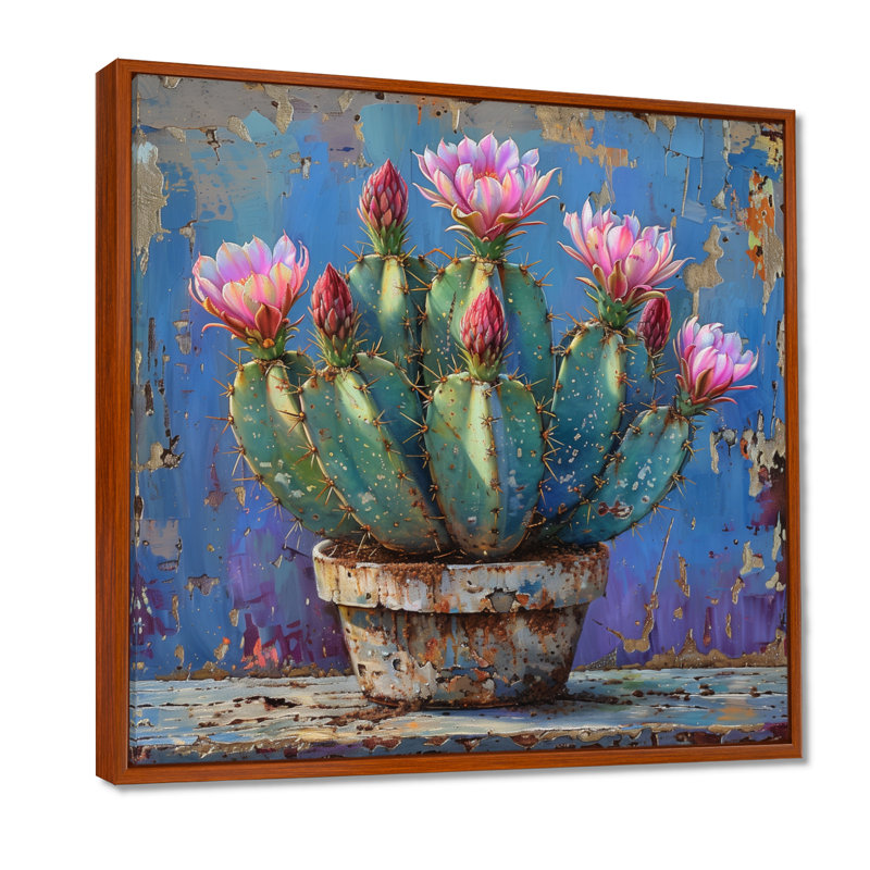 Cactus rose en poterie du désert - impression d'art mural cactus floral, H 16 po x l 16 po x P 1 po