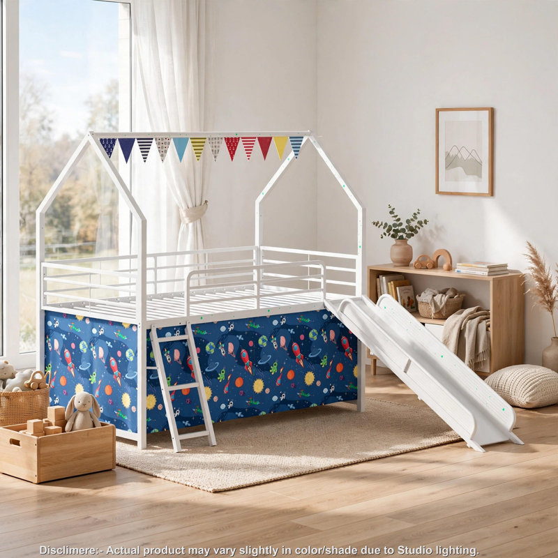Lit mezzanine double Zeso pour enfants, motif maison, glissade et rideau, bleu marine et rouge, Bleu, rouge, noir, brun