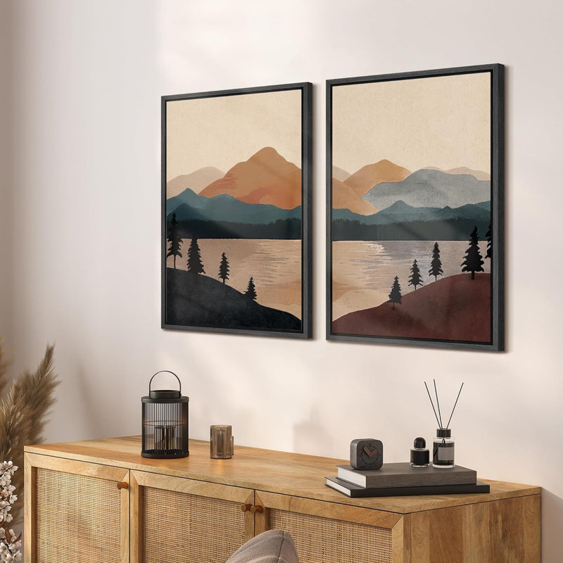 «Mid-Century Modern Brown Mountain Lake Landscape Decor», art mural, impression sur toile, 2 pièces, Cadre noir