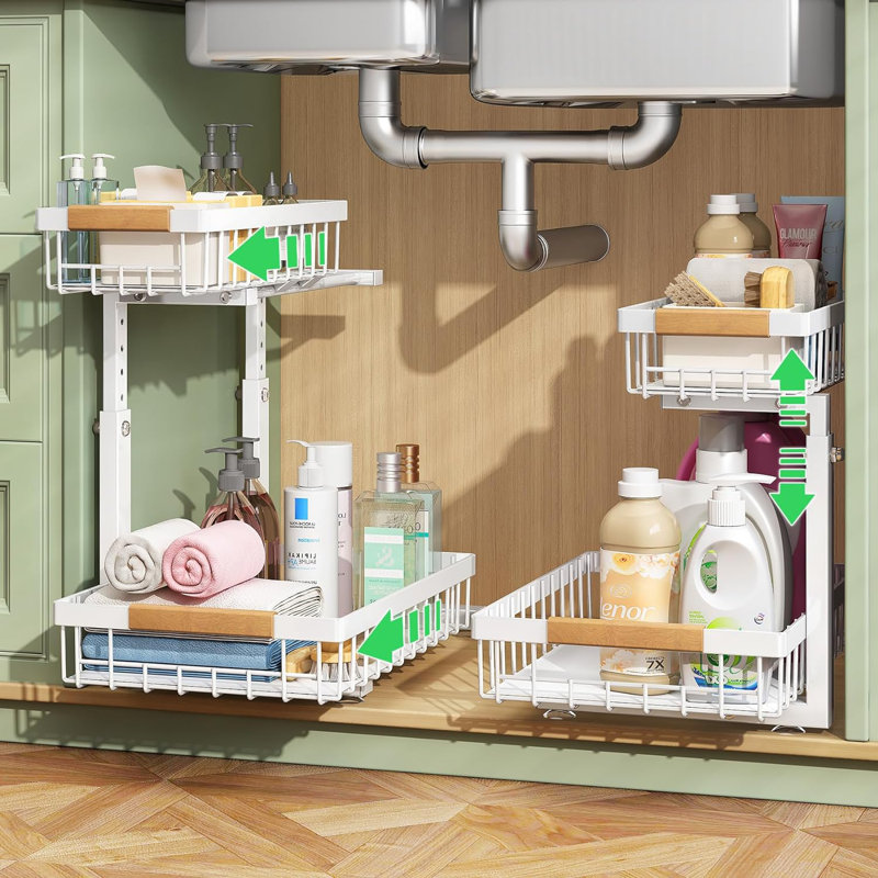 White Expandable Under Sink Organizer with Sliding Shelves