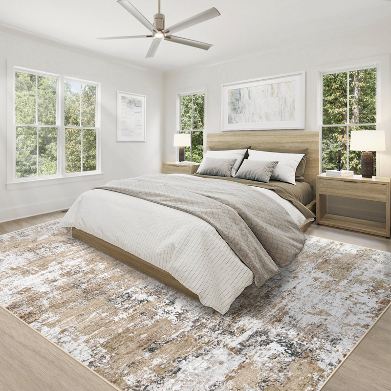 Tapis lavable abstrait moderne, 6 pi x 9 pi, neutre, antidérapant, doux et antitaches pour la chambre à coucher, beige, Beige