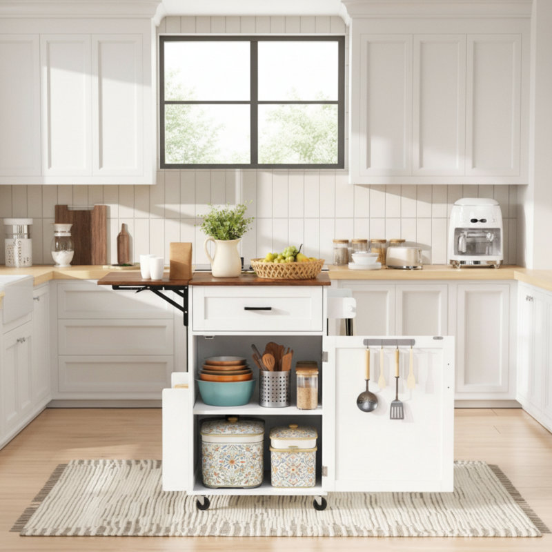 This Fresh White Farmhouse Kitchen Cart Features A Folding And Expandable Design With Full Storage, Making It Flexible And Suitable For Various Scenarios.