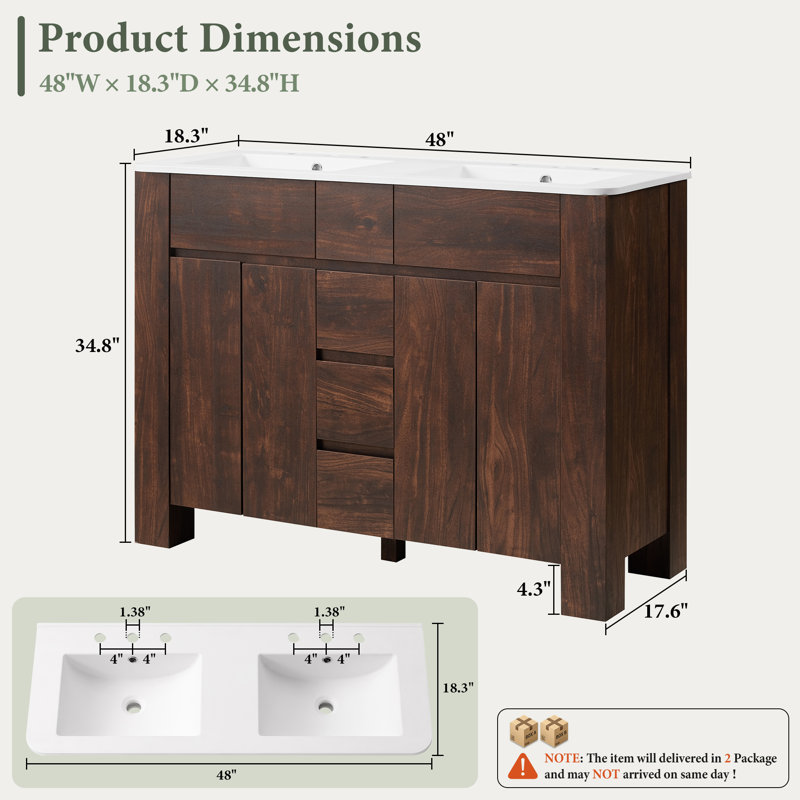 Ensemble de meuble-lavabo double 48 po avec meuble de rangement 48 po, Noyer foncé