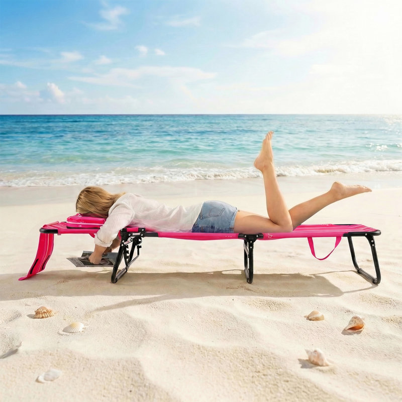 Beach Chaise Lounge Chair With Face Hole Pillows & 5-position Adjustable Backrest Light Pink