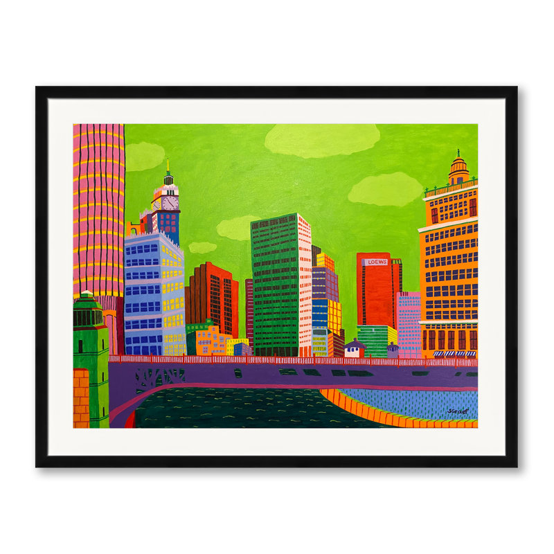«Chicago Skyline» par Sue Graef - Peinture, H 24 po x l 30 po, Papier avec cadre noir