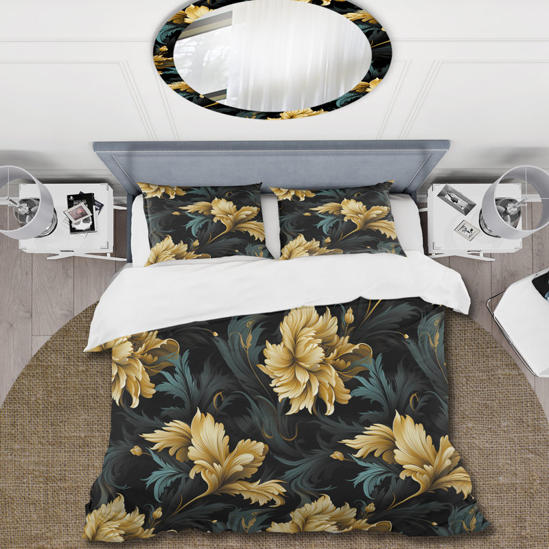 Ensemble de housse de couette à motif de fleurs élégantes en ébène et beige