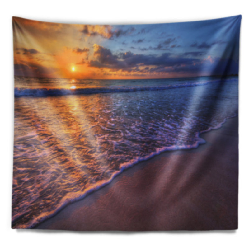 Coucher de soleil sur une tapisserie bord de mer bleue, H 78 po x l 92 po