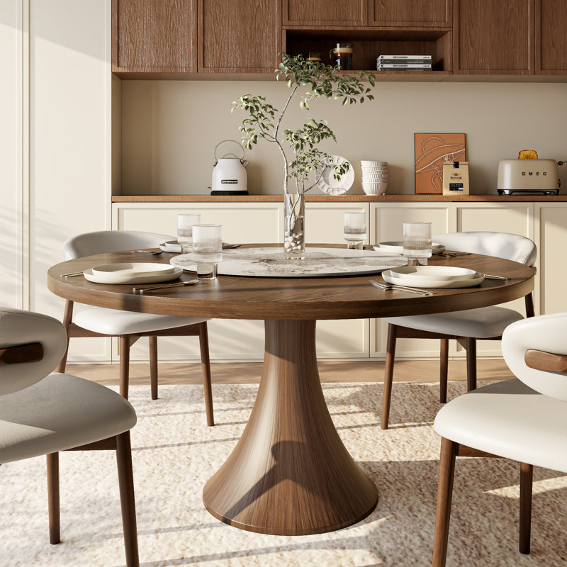 Turntable Round Dark Walnut Tone Solid Wood Dining Table Set With Stone Lazy Susan  (1 Table 4/6 Chairs)