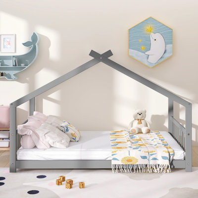 Full Size Gray House Bed With Roof For ' Recreation And Sleep - Pinewood Structure, Semi Enclosed Sleeping Environment, 53.9"H High, Assembly Required Area, 80.7"L Bed,