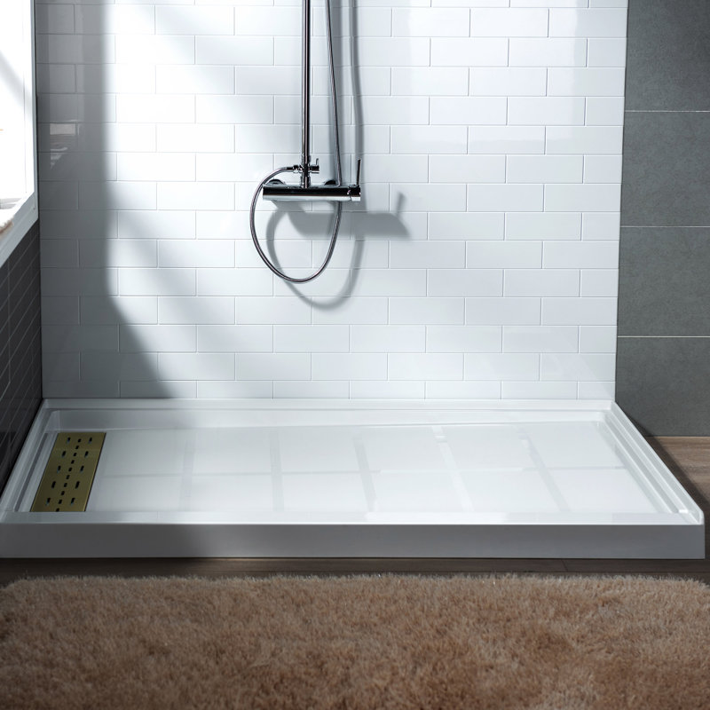 60" x 36" Solid Surface Single Threshold Shower Pan Base with Drain Assembly & Drain Cover Included, Non-Slip, Left