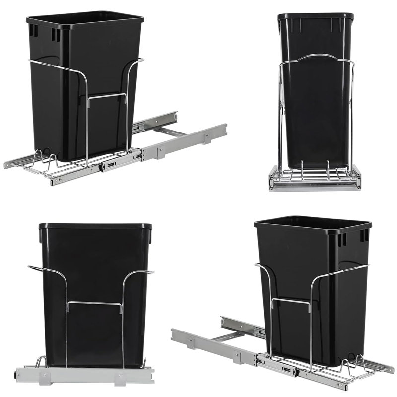 Poubelle de recyclage des déchets 1 x 30 pte avec glissières à extension complète, conception peu encombrante, gestion des déchets écologique, bacs polyvalents, poubelle escamotable pour les armoires de cuisine, noir