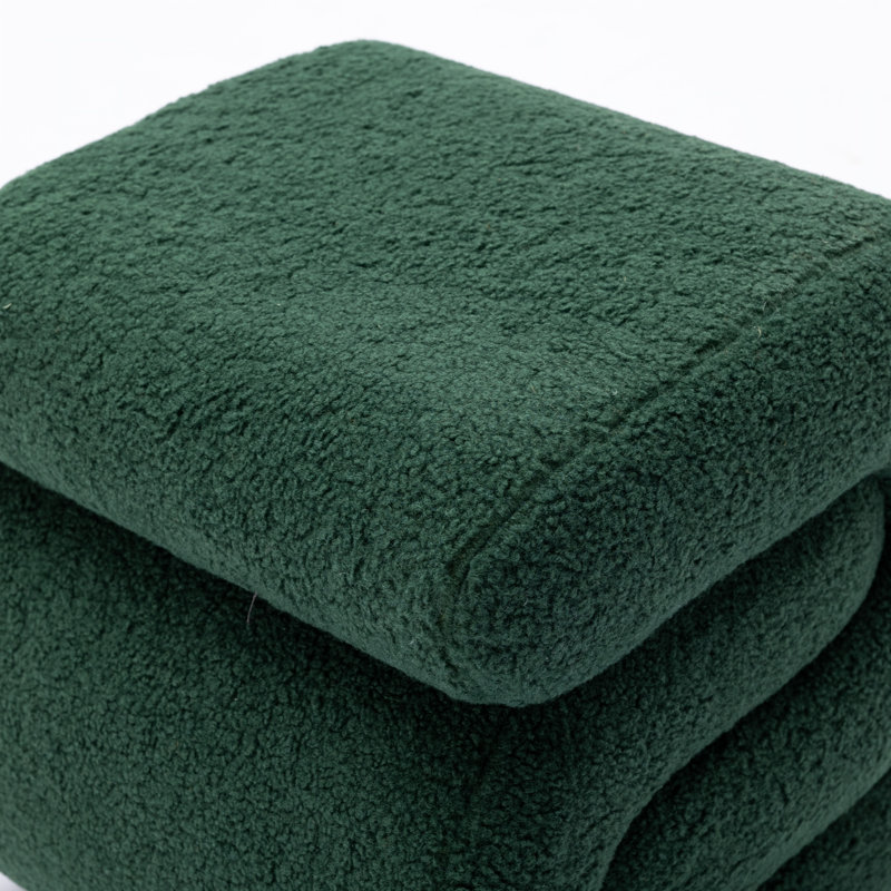 S-shape Teddy Fabric Ottoman with Sturdy Wooden Frame and Anti-slip Foot Nails, Perfect for Indoor Use and Decor, Green Teddy
