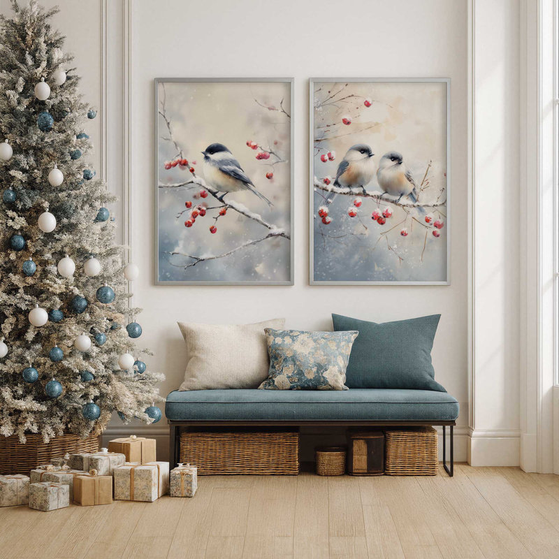 Winter Birdbirds, ensemble de 2 reproductions d'art, Or poli, H 11,5 po x l 19 po