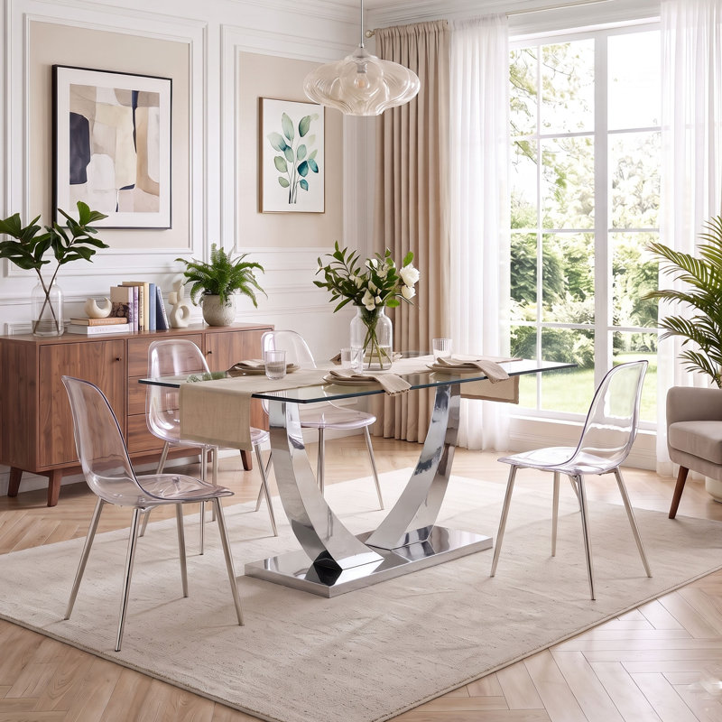 63" Dining Table Set for 4-6, Rectangular Tempered Glass Dining Table with Metal Base and Clear Moulded Plastic Chairs