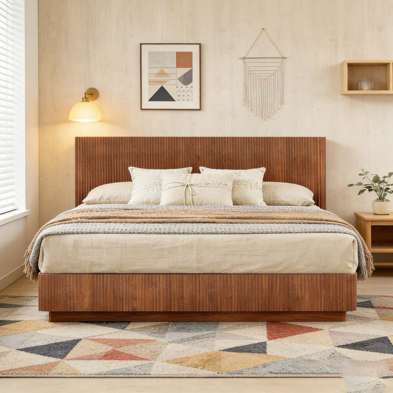 Bed Frame With LED Lights, Modern Wooden Corrugated Curved Lines, Walnut