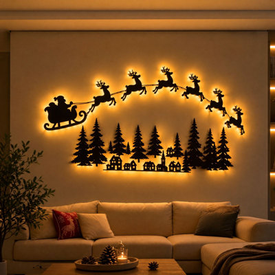Christmas Night Light Push-button Type Illuminated Wooden Reindeer Sleigh Wall Decor Light Santa Sleigh 6 Reindeer LED Wall Display Warm Christmas
