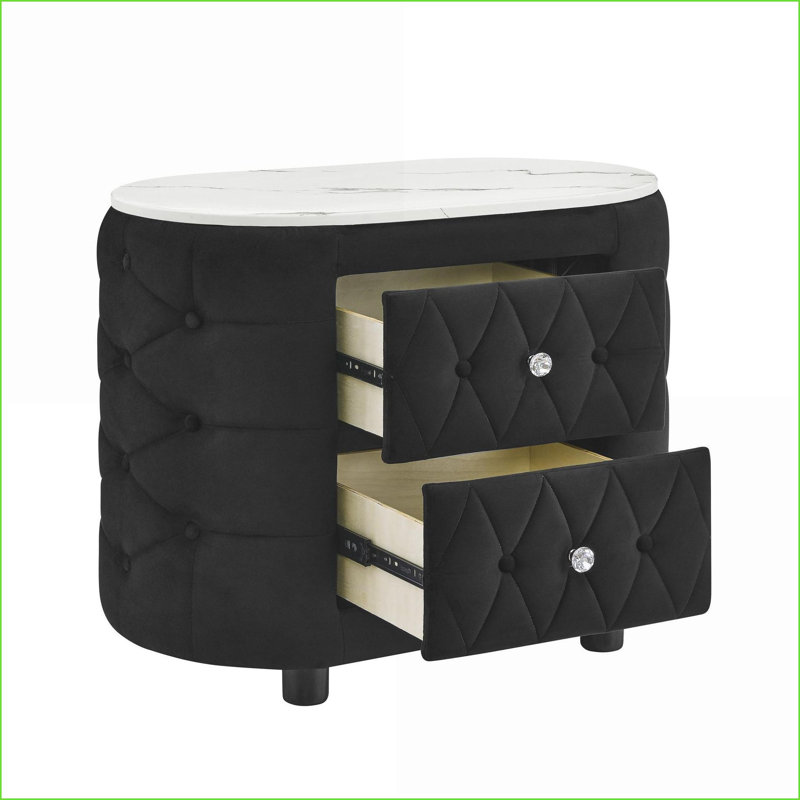 Modern Black Fabric Nightstand with Faux Marble Top &amp; 2 Drawers, Black