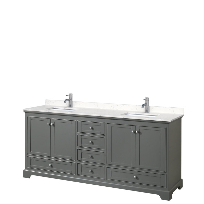 Deborah 80'' Double Bathroom Vanity with Marble Top, White, Carrara Cultured Marble, Matte Black